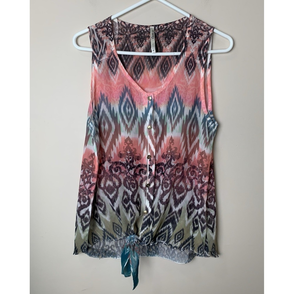 Oatt USA Sleeveless Blouse Womens Large Chiffon Tie Front Boho Print Tunic Sheer